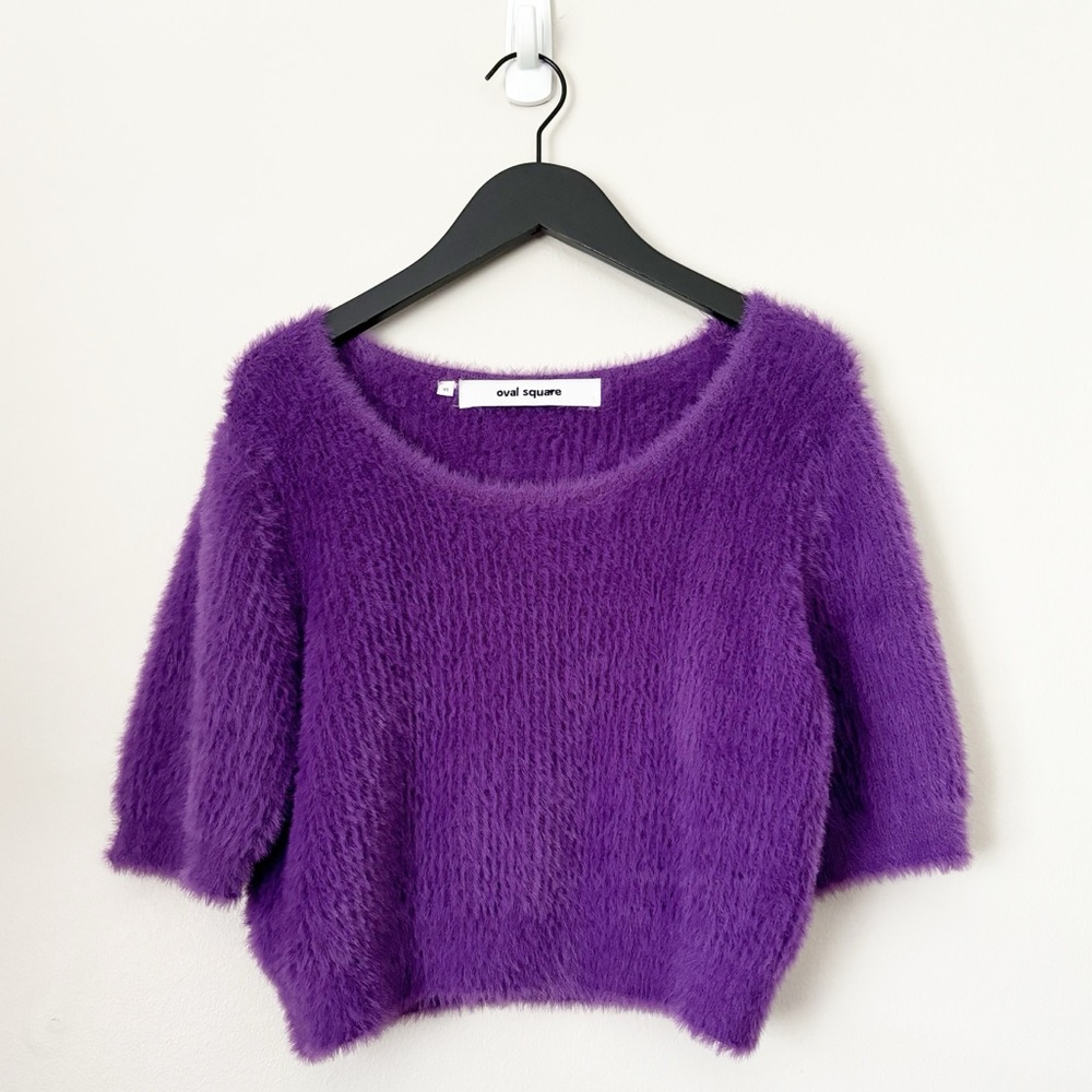 Oval Square Purple Furry Knit Cropped Top